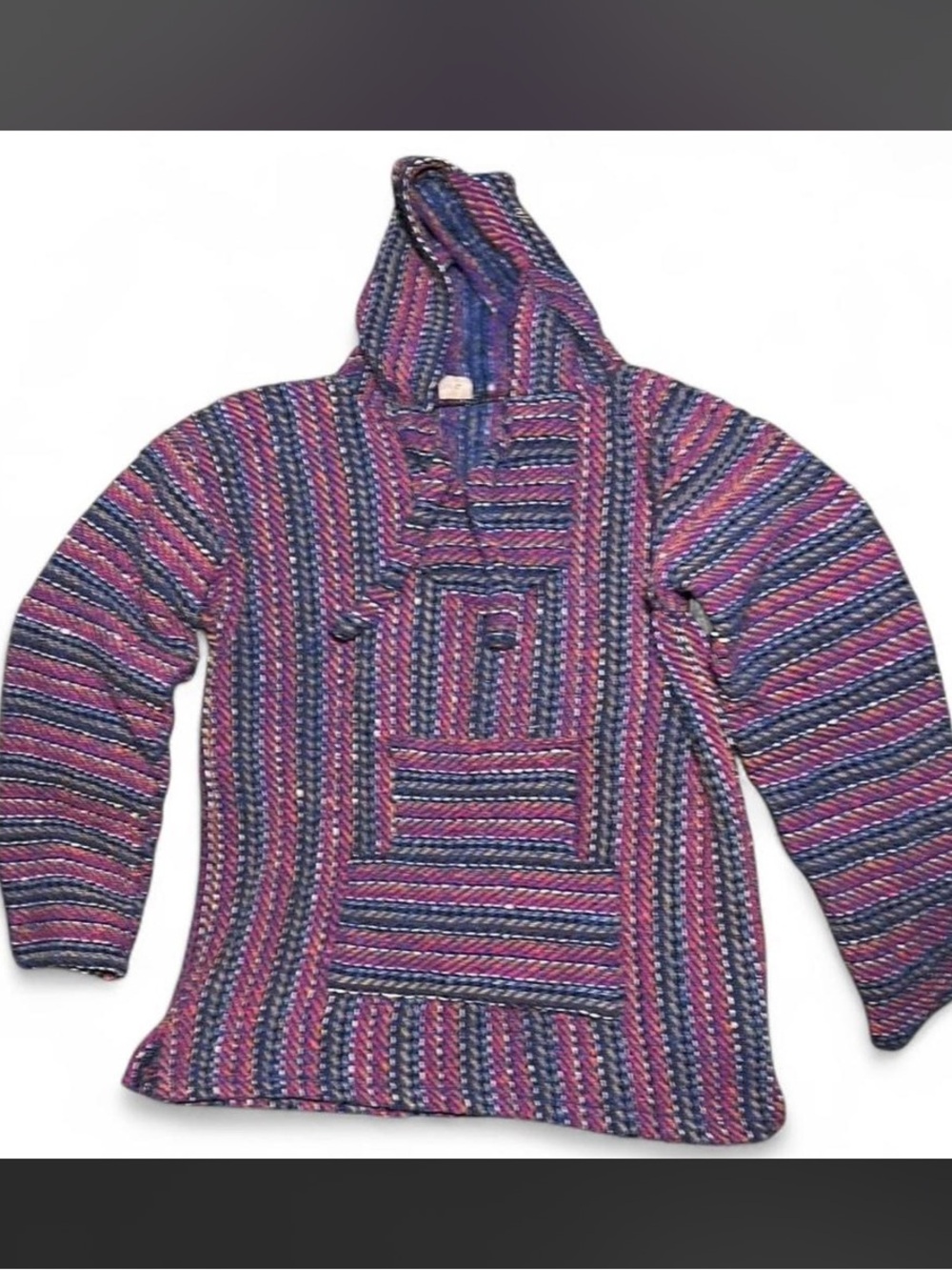 Vintage Handmade Guatemala Baja Hoodie Pink Navy Grey Surfer Knit Poncho S/M